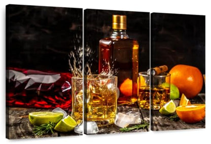 ElephantStock - Citrus Whiskey And Cigar Wall Art - Horizontal Multi Panel Canvas - 3 Piece Living Room Wall Decor - Photography Food And Drink Multi Piece Wall Art - Brown And Gray Decor - 57" x 36" - size: 57"L x 36"W