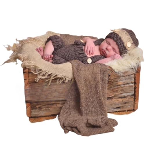 Newborn Baby Photo Shoot Props Girl Boy Crochet Knit Hat Costume Stripe Hat Pants Overalls Photography Props - color: Brown