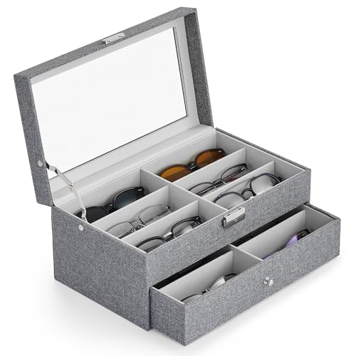CO-Z Sunglasses Organizer with 12 Slots, Linen Eyeglasses Storage Box for Women Men, 2 Story Lockable Display Case for Multiple Glasses, Sunglasses Jewelry Collection Holder with Drawer, Grey - color: Linen