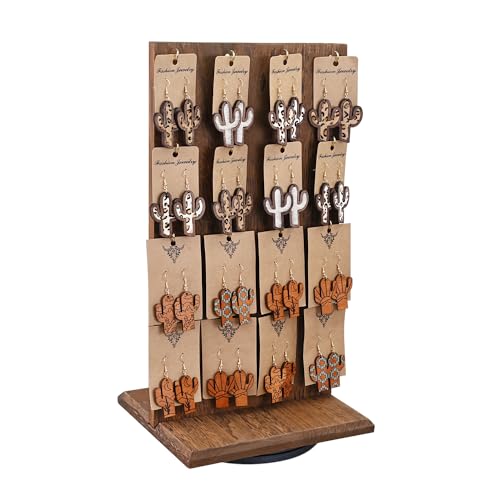 Ikee Design Wooden Rotating Two-Sided Jewelry Display Stand, Rotating Organizer with 32 Hooks for Store, Earring Keychain Display with Hooks, Brown color, 9 W x 7.5 D x 16.5 H in - color: Brown, 1 Piece, Standard Hook