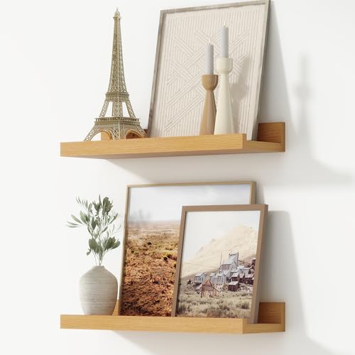 FLYJOE Picture Ledge Shelf, Floating Shelves Set of 2, 16 Inches Nursery Book Shelves for Toys Storage, Kids Bookshelf Wall Mounted for Living Room Bedroom Decor Books Photo Frames, Natural Oak - color: Natural Oak, size: 16'', Set of 2