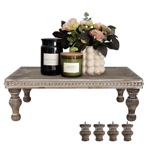 MAONAME Wood Display Risers Decorative Tray, Farmhouse Pedestal Stand for Display Home Decor, Vintage Brown Beaded Wooden Tray for Kitchen Counter, Short and Tall Footed