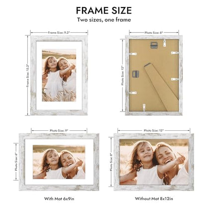 Hongkee 8x12 Picture Frame with Glass, Display Pictures 6x9 with Mat or 8 x 12 without Mat - Wall and Tabletop, 8 by 12 Photo Wooden Frames (Distressed White, 1 Pack) - color: Distressed White, size: 8X12 in