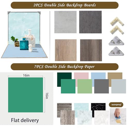 9PCS Product Photography Backdrop Board with Paper 16x16IN Double Sided Tabletop Background Backdrops Props Food Jewlery INS Cosmetics Small Photo Shooting Pink Green Blue - color: Pink Green Blue