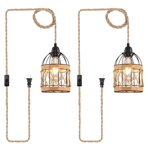 Plug in Pendant Light, Industrial Hanging Light with Plug in Cord Hemp Rope On/Off Switch Farmhouse, Vintage Pendant Light Fixture, Hanging Lamps for Dining Room - color: birdcage