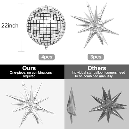 HILAVO 22 Inch Large 4D Metallic Silver Disco Ball Balloon with Explosion Star Foil Balloons for 70s 80s 90s Themed Party, Birthday, New Year, Graduation - color: Disco Ball Star