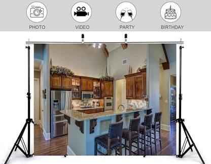 6x6ft Rustic American Kitchen Backdrop Wooden Cabinets Granite Island Leather Bar Stools Photography Background for Culinary Lifestyle Interior Decorations Tapestry Photo Booth Props - size: 6x6ft