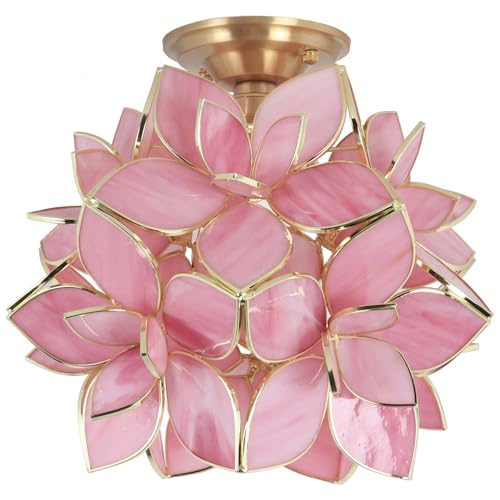Bieye L10924 Flower Petals Tiffany Style Stained Glass Close to Ceiling Light for Home Decor (Pink, 12" Rose Lily) - color: Pink, size: 12" Rose Lily