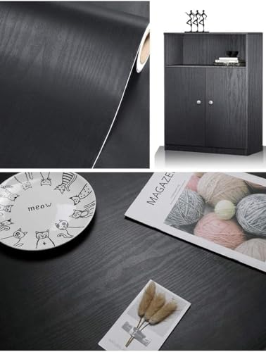 Black Wallpaper - Wood Peel and Stick Wallpaper – Black Wood Self-Adhesive & Removable Wall paper for Countertop Furniture Kitchen Wall, Countertop Contact Paper, Easy to Clean, 17.7 ''×590 '' Vinyl - size: 17.7" x 590"
