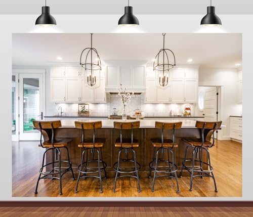 10x8ft Fabric Modern Farmhouse Kitchen Backdrop Rustic Kitchen White Cabinets Island Countertop with Bar Stools Background for Home Cooking Food Party Decorations Photo Props - size: 10x8FT