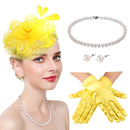 Fascinators Hats with Gloves Set for Women 20s 50s Cocktail Tea Party Wedding Costume Headwear - color: 02 Yellow