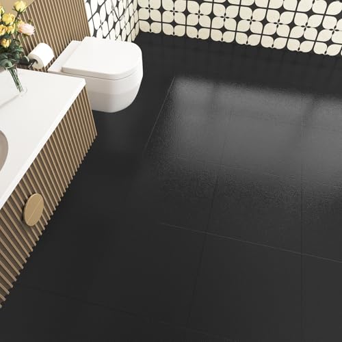 Marble Pure Black Floor Tiles Sheets Peel and Stick Vinyl Flooring for Bathroom Kitchen 5PCS Self Adhesive Flooring Panels Waterproof Basement Garage Floor Stickers Non-Slip Stick on Tiles 12''x12'' - color: Pure Black, size: 5 Tiles