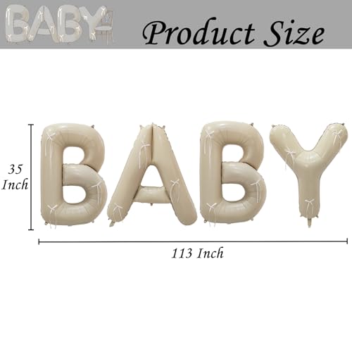 40" Cream White BABY Letter Foil Balloons with Pre-installed White Rustic Bows - Gender Neutral Decor for Baby Showers, Gender Reveal Parties, Boho Backdrop & Party Favors