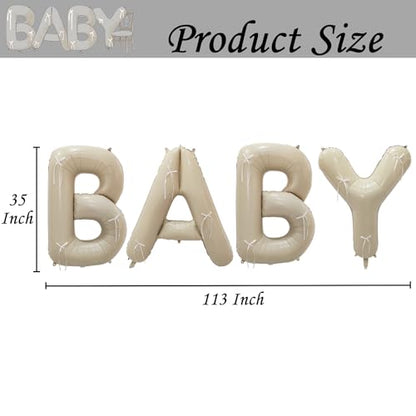 40" Cream White BABY Letter Foil Balloons with Pre-installed White Rustic Bows - Gender Neutral Decor for Baby Showers, Gender Reveal Parties, Boho Backdrop & Party Favors