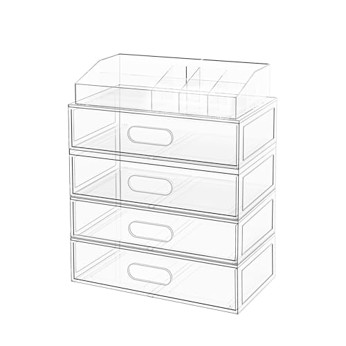 Clear Stackable Makeup Organizer with Drawer, 12''W Acrylic Storage Drawers, Cosmetic Display Case for Vanity Bathroom Countertop, Beauty Holder for Lipstick Brush Skincare Perfume (5 Pack) - size: 5 Pack