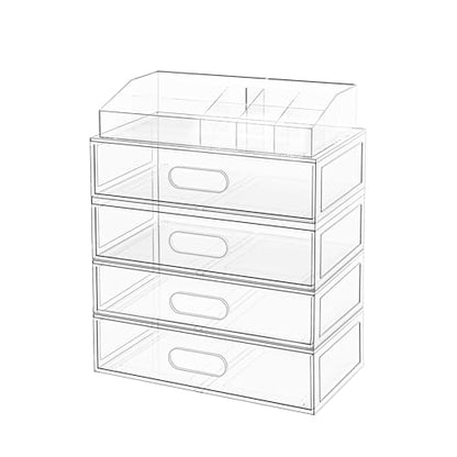 Clear Stackable Makeup Organizer with Drawer, 12''W Acrylic Storage Drawers, Cosmetic Display Case for Vanity Bathroom Countertop, Beauty Holder for Lipstick Brush Skincare Perfume (5 Pack) - size: 5 Pack