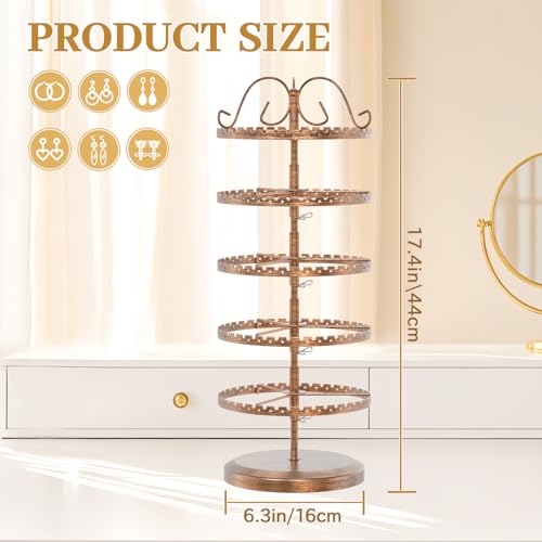 MODOWEY 5 Tier Rotating Earring Holder Organizer Stand, Adjustable Metal Display Tree Rack for Women, 400 Hole and Groove Large Storage for Pierced Stud Dangle Hoop, Compact for Small Dresser, Bronze - color: Bronze, size: 5-Tier