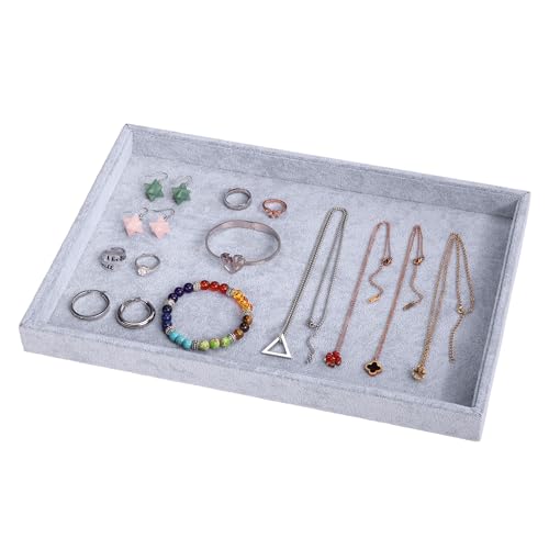 13.8" x 9.5" Velvet Jewelry Tray Jewelry Display Tray, Stackable Empty Plate Trays for Earrings Necklaces Bracelet Rings Display Showcase - Grey - color: Grey, size: Flat Tray 13.8"x9.5"