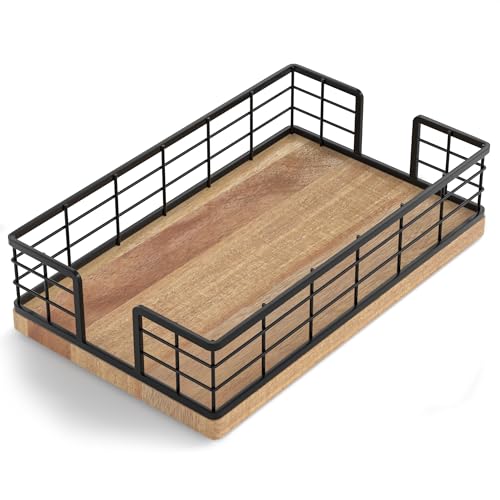Wican Guest Towel Holder Tray for Bathroom, Acacia and Iron Napkins Holder for Powder Room Dinning Table Wooden Basket for Disposable Paper Hand Towels Black and Acacia - color: Black/Acacia, size: 9.06 x 5.51 x 2.56 inchs