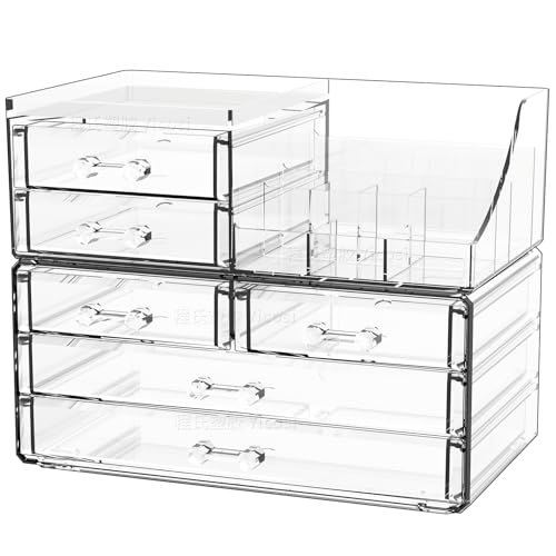 Cq acrylic Make Up Organizers for Vanity With 6 Drawers, 2 Pack Clear Drawer Organizers,Plastic Cute Desk Accessories Organization and Bathroom Organizers Storage Case Box Cube for Beauty,Skin Care - size: 6 Drawers-Set of 2