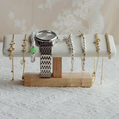 Wooden Watches Display Stands Base Watch Necklace Bracelet Organizer Rack Bangle Scrunchie Headband Showcase Stands Exterior Beige PU - color: Flat PU Beige