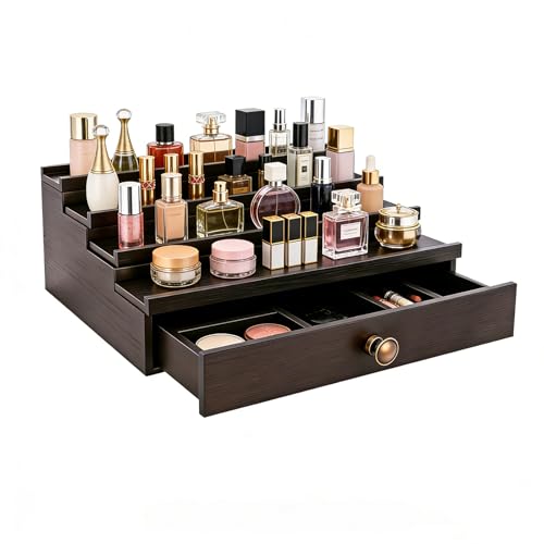 Men's Cologne Organizer 4 Tier Wooden Perfume Stand with Hidden Compartment & Bottom Drawer, Handmade Pine Wood Fragrance Display Shelf Storage for Cologne, Watches, Jewelry, Makeup Organizer