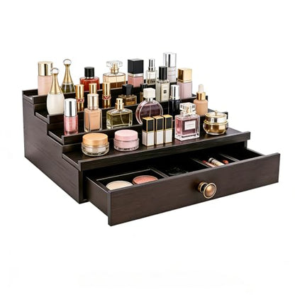 Men's Cologne Organizer 4 Tier Wooden Perfume Stand with Hidden Compartment & Bottom Drawer, Handmade Pine Wood Fragrance Display Shelf Storage for Cologne, Watches, Jewelry, Makeup Organizer