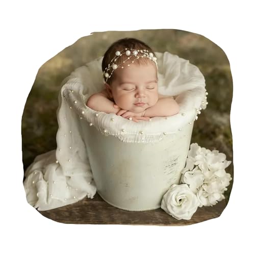 Baby Photo Shoot Props for Newborn Infant|Newborn Photography Wrap Pearl Raw Edge Swaddling Blanket & Headband Set (White) - color: White