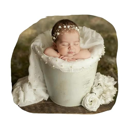 Baby Photo Shoot Props for Newborn Infant|Newborn Photography Wrap Pearl Raw Edge Swaddling Blanket & Headband Set (White) - color: White