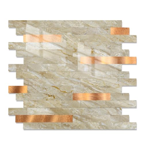 Yipscazo 10 Sheets Peel and Stick Stone Metal Tile Backsplash, Stick on Tiles for Backsplash Kitchen, Bathroom, Laundry Room, Camper, Fireplace (12'' X 12'', Polished Beige) - color: Polished Beige