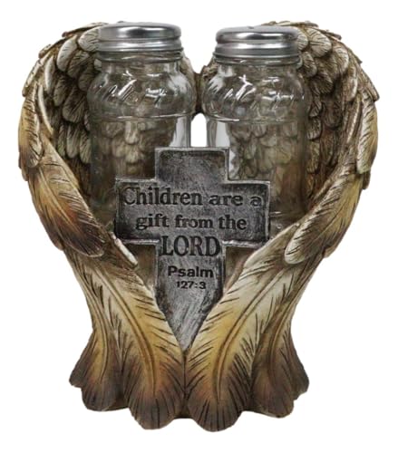 Ebros Gift Decorative Holy Cross Children Are A Gift From The Lord Psalms 127:3 Angel Wings Salt And Pepper Shakers Holder Set in Spiritual Religious Christian Decor Sculpture Kitchen Dining Accent
