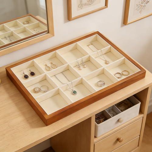 Wood Flat Jewelry Tray 12 Grid Display Wood Divided Organizer Stackable Display Tray Bracelet Bangle Organizer Tray for Rings Earrings Storage Display (13.78" L x 9.45" W x 1.18" H) Old Lace - color: Old Lace, size: Bracelet Tray-W 9.45" x H 1.18"x L 13.7