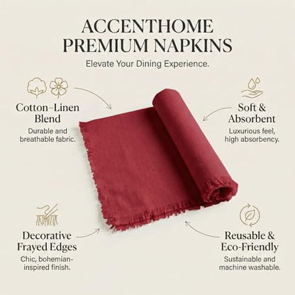 ACCENTHOME Red Cotton Linen Napkin Set of 12 18x18 inch Dinner Napkins - Washable Soft Premium Hotel Quality Reusable Hemmed Edges Napkins Perfect Table Linens for Family Dinners, Weddings - color: 06 - Red, size: 18"x18" - Pack of 12