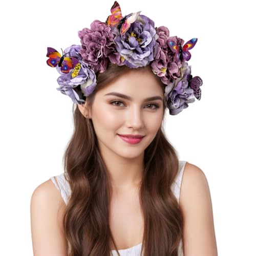 Elegant Butterfly Flower Headband for Women Boho Handmade Rose Floral Crown Wedding Bridal Festivals Cosplay Prom Photo Props Headpiece (B4 purple, Adjustable) - color: B4 purple