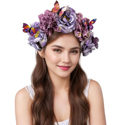 Elegant Butterfly Flower Headband for Women Boho Handmade Rose Floral Crown Wedding Bridal Festivals Cosplay Prom Photo Props Headpiece (B4 purple, Adjustable) - color: B4 purple