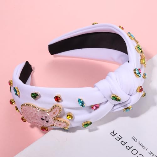 NVENF Easter Headband for Women Beaded Easter Rabbit Bunny Headband White Pink Crystal Pearl Knotted Hairband Happy Easter Hair Accessories Spring Holiday Headwear Outfits Gifts (Bunny A - White) - color: Bunny A - White