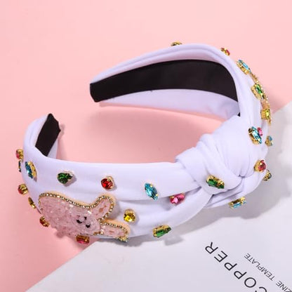 NVENF Easter Headband for Women Beaded Easter Rabbit Bunny Headband White Pink Crystal Pearl Knotted Hairband Happy Easter Hair Accessories Spring Holiday Headwear Outfits Gifts (Bunny A - White) - color: Bunny A - White