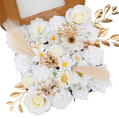 Floweroyal Artificial Flowers Combo Pure White Flowers Mix Silk Flowers Fake Roses with Stems for DIY Wedding Bridal Bouquets, Baby Shower, Floral Arrangement, Table Centerpieces, Home Decorations. - color: Pure White