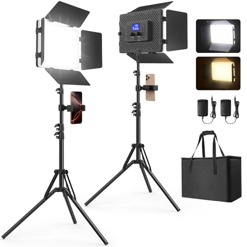 2 Pack Led Video Light Kit with Stand, Kmasic Photography Light Panel Built-in 8000mAh & LCD Display, 2200Lux 2500K-8500K Soft Studio Light for Video Recording Game Live Streaming YouTube TikTok