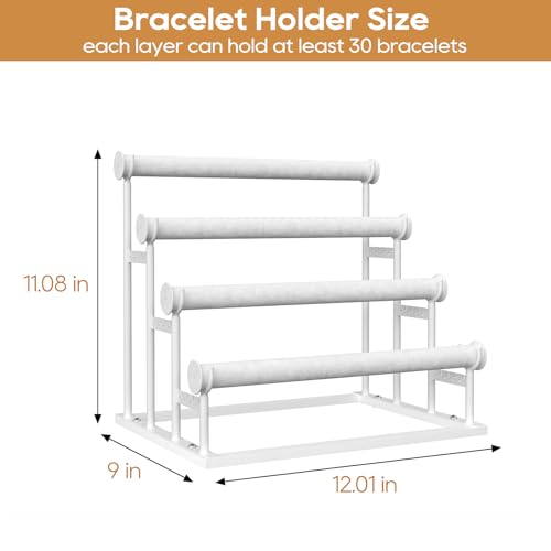 ORLESS 4 Tier Bracelet Holder, Detachable Velvet Jewelry Display Stand, T-Bar Necklace Storage Organizer Display Stand, Metal Bracelet Holder Display for Bangles Watch Bracelets Scrunchies(White) - color: White