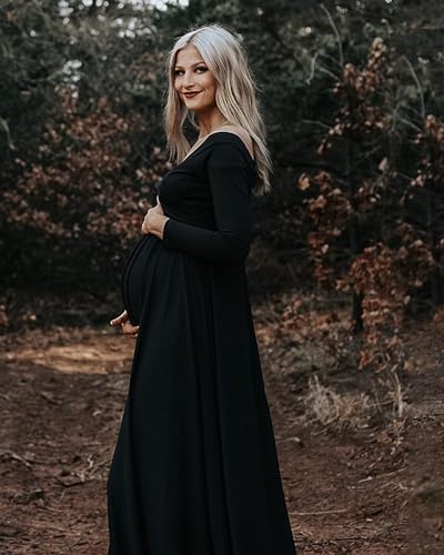 Saslax Maternity Off Shoulders Half Circle Gown for Baby Shower Photo Props Dress - color: N-black 11, size: Large