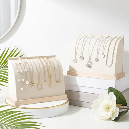 2 Pieces Cambered Wooden Necklace Display Stand with Soft Mat Necklace Holder Jewelry Display Beige Velvet Jewelry Organizer for Countertop Boutique Home
