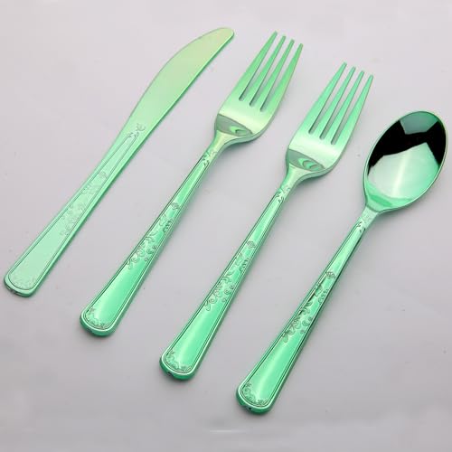 180 Pack Disposable Green Plastic Silverware Contain 60 Forks,60 Spoons,60 Knives, Solid and Durable Plastic Cutlery Utensils Set Perfect for Parties,weddings. - color: Green