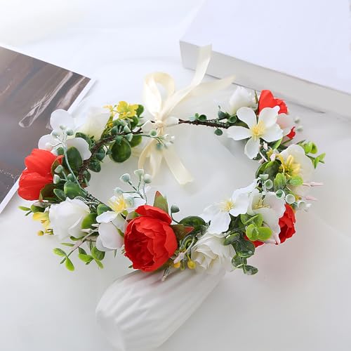 Women Flower Crown Bride Flower Headband Floral Halo Floral Crown Wedding Bridal Party Cosplay Halloween Photos - color: red and white