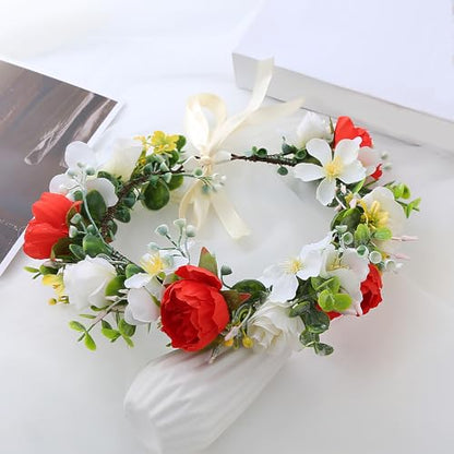 Women Flower Crown Bride Flower Headband Floral Halo Floral Crown Wedding Bridal Party Cosplay Halloween Photos - color: red and white