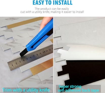 10-Sheet Peel and Stick Backsplash Tile, PVC Mixed Meta,l Stick on Kitchen, Bathroom Vanities, Fireplace Décor, Laundry Table(11.2" X 12.7") (10, White Marble + Golden) - color: White Marble + Golden