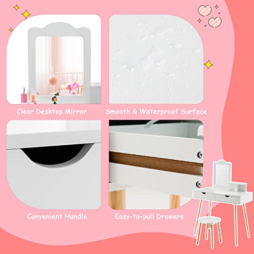 Costzon Kids Vanity Set, Girls Vanity Set with Mirror and Stool, 2 Large Drawers, Storage Shelf, Wooden Princess Makeup Dressing Table, Pretend Play Vanity Table and Chair Set for Toddlers, White - style: White with Square Mirror