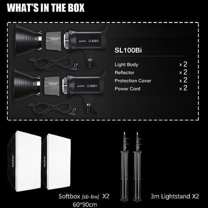 Godox SL100Bi 2 Light Kit 100W Continuous LED Video Light bowens mount photography lighting with Softbox Light stand for video recording, YouTube Gaming keylight, Portrait Shooting, Location Interview