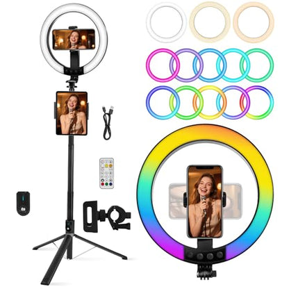 10" Ring Light with Stand 74'' Tall & Phone Holder,RGB Full Color Modes Selfie Light with Extendable Tripod Stand,iPad Holder, Remote for iPhone & Android,YouTube, Makeup,TIKTok, Vlogging