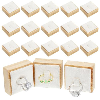 16 Pcs Single Ring Display Stand, Velvet Ring Holder Display for Jewelry Showcase, Wood Base with Beige Velvet for Retail Stores and Trade Shows (Beige)